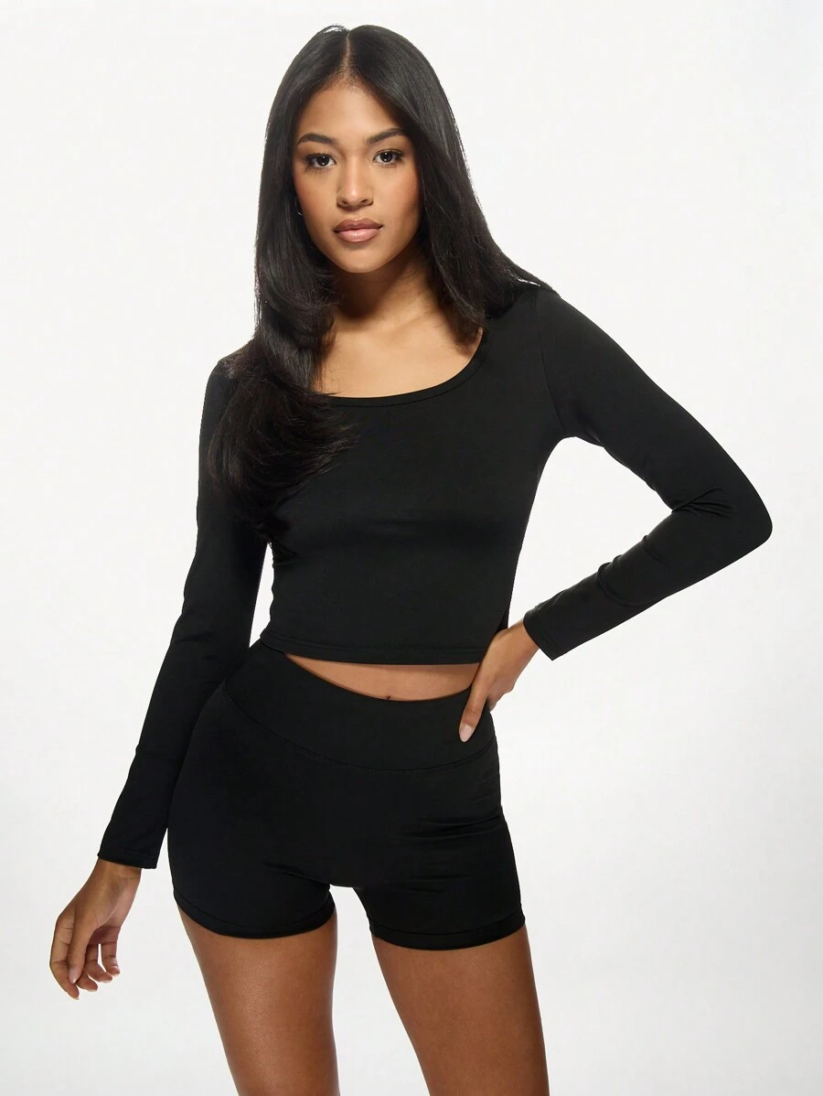 MISSGUIDED MSGD Athletic Crop Top Long Sleeve Workout Shirt Sports Training Gym Running Fitted Exercise Active Basic Top - Black - View 1