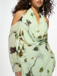 MISSGUIDED Elegant Halter Neck Cold Shoulder Watercolor Print Mini Dress Spring Summer Party Wedding Guest Cowl Neck Draped Design Cocktail Evening Bridesmaid Christmas