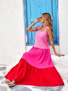 SHEIN VCAY Women's Woven Color Blocking Camisole Dress With Flared Dress Spring And Summer Outfits, Summer Clothes, Valentine's Day, Vacation Outfits Woman, Beach Outfits For Woman, Festival, Romantic And Elegant Clothing, Bohemian, BOHO, Sweet, Rave Outfits Festival, Tropical Vacation Woman Clothes, Carnival - Multicolor - View 4