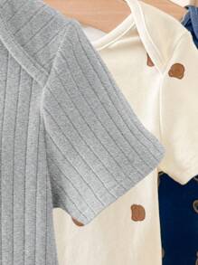 Cozy Pixies 3pcs/Set Newborn Baby Boy Panda Pattern Knitted Soft Crew Neck Short Sleeve Snap-Up Bodysuit - Light Grey - View 7