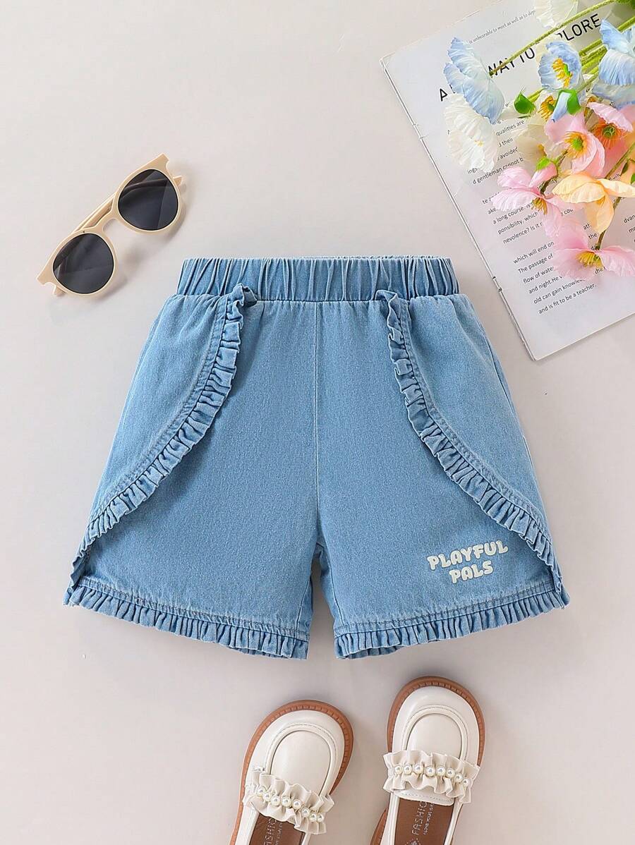 SHEIN Young Girl Letter Print Ruffled Edge Casual Denim Shorts - Blue - View 1