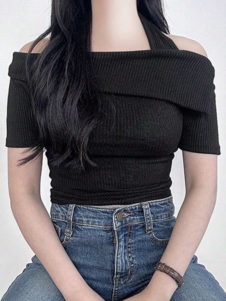 Women's Solid Color Wrap Front Halterneck Short Sleeve T-Shirt, Spring/Summer Cute Tops