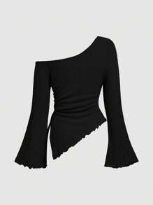 SHEIN MOD Plus Size Women's Black Drawstring Asymmetric Hem Flared Sleeve T-Shirt,Off Shoulder T-Shirt,Fall Women Clothes,Comfortable T-Shirt
