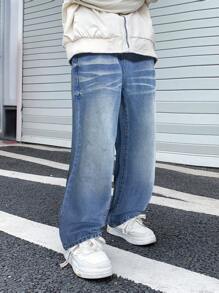 SHEIN Tween Boy Fashion Casual Design Water Ripple Blue Loose Straight Leg Jeans For Dailywear And Fall Kids Clothes - Medium Wash - View 1