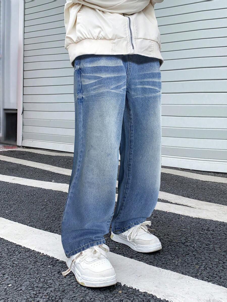 SHEIN Tween Boy Fashion Casual Design Water Ripple Blue Loose Straight Leg Jeans For Dailywear And Fall Kids Clothes - Medium Wash - View 1