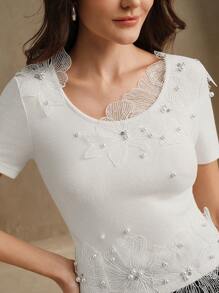 Anewsta Blusa elegante de cuello redondo con aplicaciones de flores 3D, pedrería y bordados florales, de corte slim, adecuada para el Día de San Valentín, vacaciones de verano y Año Nuevo