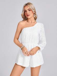 SHEIN LUNE 女士灯笼袖镂空刺绣纹理面料优雅连体裤，适合度假和郊游的休闲装 - 白色 - 查看 3