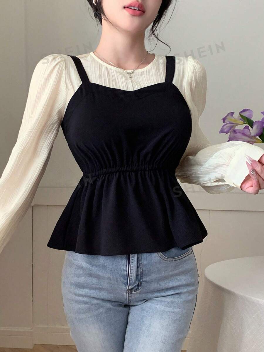 DAZY Cămașă cu mânecă lungă, stil casual, cu model patchwork, în culori contrastante, pentru femei, haine de toamnă - Negru - Vizualizare 1