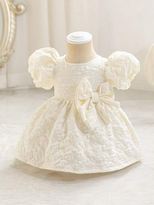SHEIN Glamorique Kids Baby Girl Jacquard Weave Dress With Large Bow Decor On Waist, Spring/Summer