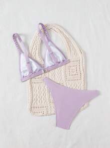 Swim Mod Women's Romantic Summer Beach Vacation Cute Ruffled Light Purple Ribbed Fabric Bikini Set - Mauve Purple - View 2