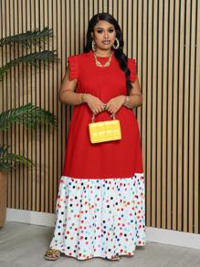 Slaydiva Plus Size Loose Solid White Spliced Colorful Polka Dot Sleeveless Ruffle Trim Spliced Stand Collar Long Dress For Women, Spring/Summer - Red - View 6