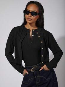 COSMINA Women's Solid Color Long Sleeve Single Breasted Casual Jacket - Black - View 1