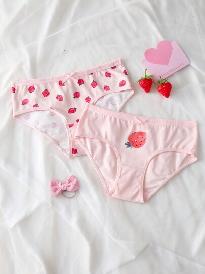 2 Pcs Strawberry Pattern Comfortable Cotton Girls' Underwear