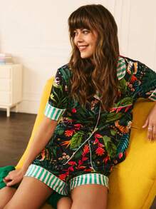 Chillnights 2pcs/Set Women Animal Forest Pattern Contrast Color Button Front Pajama Sets - Multicolor - View 4