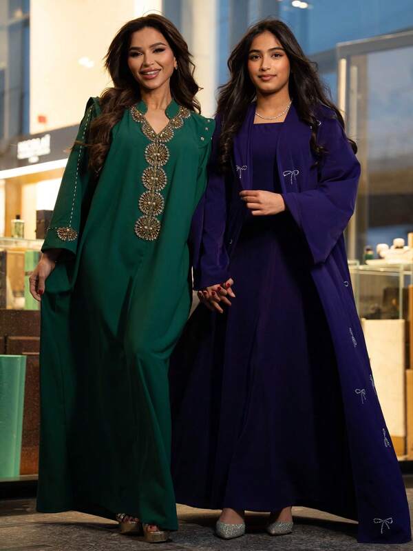 Modelyn Women's Rhinestone Bow Long Sleeve Robe Modest Abaya & Halter Neck Dress Arabic Clothing Set
