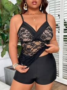 Swim Lushoire Plus Size Lace Backless Tankini Top, For Summer Beach Vacation - Black - View 1