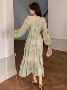 DAZY 系带灯笼袖印花中长连衣裙，适合女性，秋季长袖连衣裙，度假装扮，复活节长款连衣裙 - 薄荷綠 - 查看 2