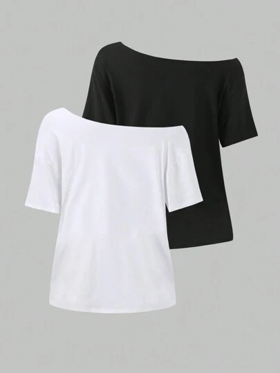 Sweetra 2pcs/Set Oblique Shoulder Loose T-Shirt, Oversized Off-Shoulder