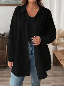 SHEIN LUNE 冬季服装纹理休闲大码纯色夏季长袖衬衫 - 黑色 - 查看 4