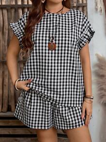 EMERY ROSE 2pcs/Set Plus Size Casual Round Neck Plaid Print Short Sleeve Top And Shorts Set Summer Outfits Spring Outfits For Women Vacation Outfits Woman Beach Outfits For Women - Black and White - View 3