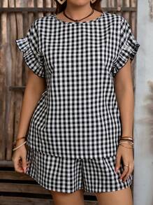 EMERY ROSE 2pcs/Set Plus Size Casual Round Neck Plaid Print Short Sleeve Top And Shorts Set Summer Outfits Spring Outfits For Women Vacation Outfits Woman Beach Outfits For Women - Black and White - View 4