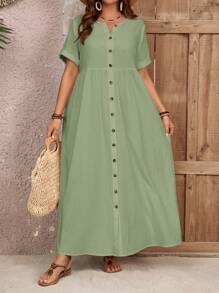 EMERY ROSE Plus Size Summer Countryside Round Neck Single-Breasted Casual Summer Dress, Suitable For Vacation,Summer Clothes,Vacation Outfits Woman / Vacation