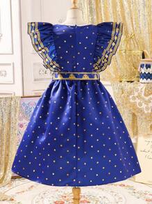 Vestido de mangas cortas con volantes y estampado geométrico tradicional para niña preadolescente, para usar en fiestas, festivales o Ramadán