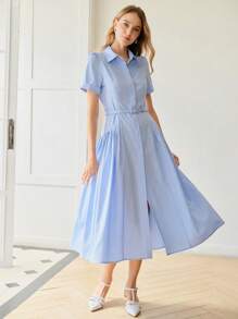 MOTF PREMIUM VÁY SƠ MI NẾP NẾP CẮT NÚT - Màu xanh lam - Xem 8