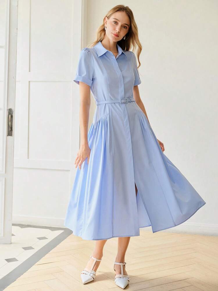 FOLD PLEATED BUTTON UP SHIRT DRESS, BELTED MIDI DRESS, FLARE HEM, ELEGANT STYLE,SPRING/SUMMER