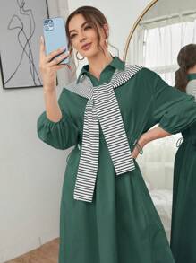 Mulvari Women's Plain Color Splicing Long Sleeve Casual Long Dress