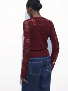 Maija Spring And Summer New Urban Modern Elegant Burgundy Hollow Crochet Texture Flower Women's Woolen Sweater Top Suitable For Daily Casual Outings Holiday Festival Party 90s Women's Clothing Retro Old Money Bohemian Music Festival