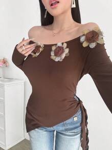 Modelyn 3D Floral Decor Off Shoulder Long Sleeve Slim Fit T-Shirt - Brown - View 5