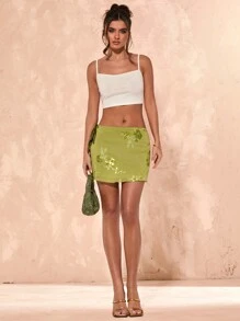 SHEIN BAE Spring Summer Women Floral Embroidery Decorated Casual Mini Skirt, Suitable For Leisure & Holiday/Beach Outfits For Woman/Cute Summer Skirts