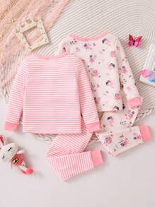 Conjunto de 2 piezas para bebé niña con diseño de dibujos animados, top de cuello redondo de manga larga y pantalones de ajuste ceñido, atuendo acogedor, primavera otoño