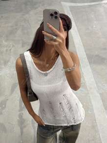 StreetHx Estilo callejero Mujer Primavera Blanco Sin mangas Camiseta ajustada de punto rasgada