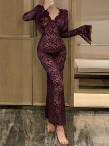 DAZY Lace Sheer Fitted Long Sexy Nightgown Pajama - Purple - View 4