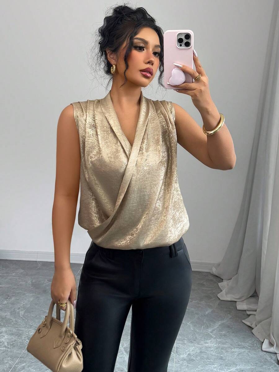 Elenzga Valentine's Day New Summer Casual Cross Wrap V-Neck Sequin Slim Fit Blouse