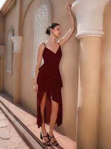 Aveloria Rosie Elegant Vacation Sexy Spaghetti Strap Asymmetric Hem Ruffle Hem Waist-Defining Women Dress