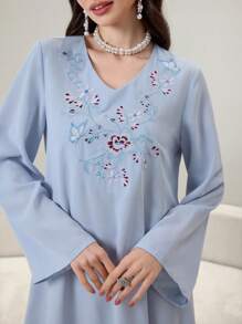 Yasmyna V-Neck Loose Fashion Long Robe Dress, Elegant Embroidery Design Front, Fashionable And Graceful Women Long Arabic Robe - Blue - View 3