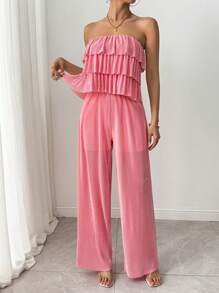 SHEIN Clasi 2pcs/Set Women Solid Color Multi-Layer Ruffle Camisole Top And Pants - Pink - View 6