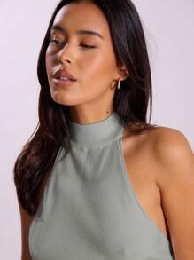 MUSERA High Neck Ribbed Backless Halterneck Top - Grey - View 5