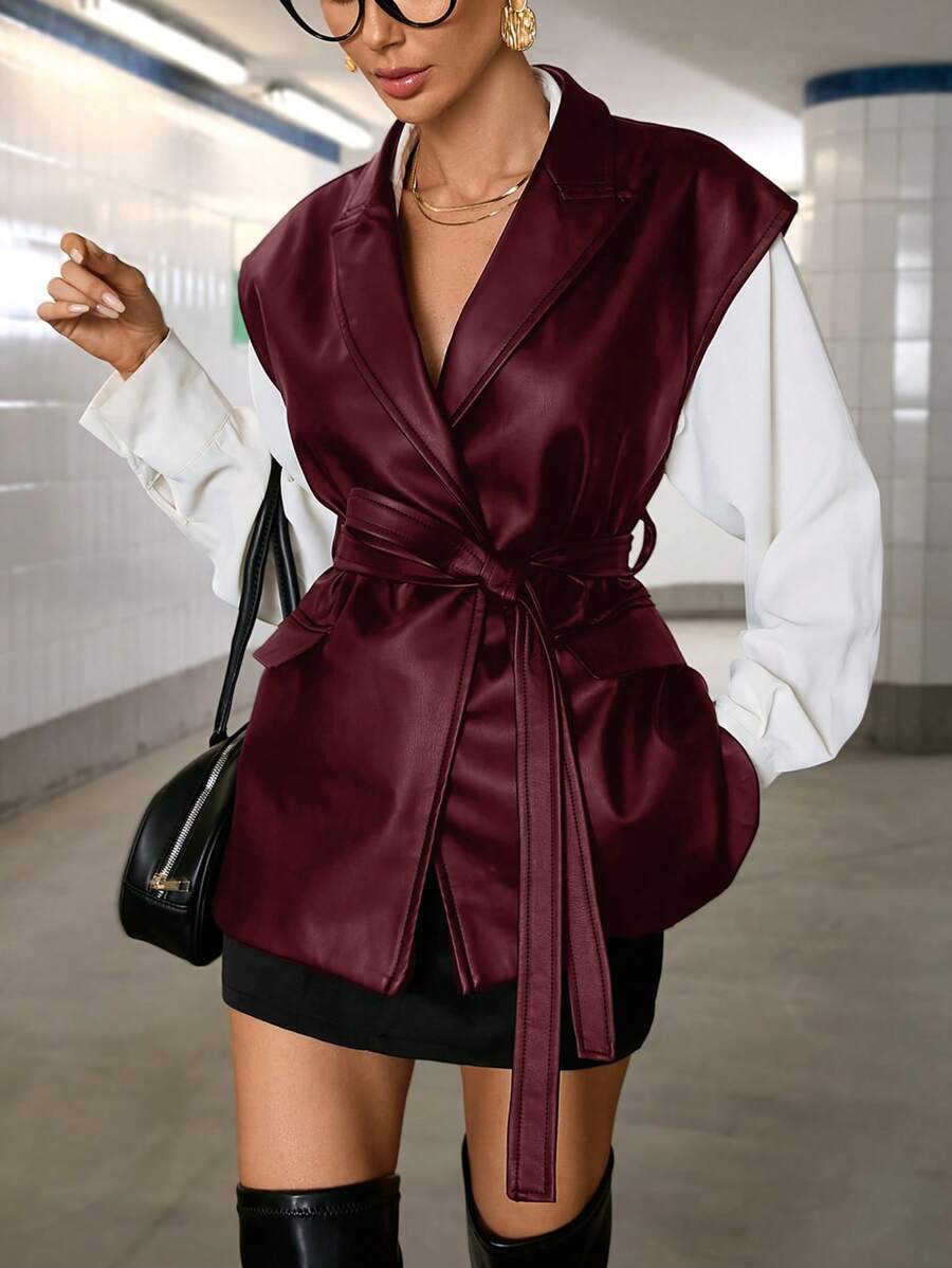 Aveloria Modichic 纯色复古 PU 皮革简约 OL 商务风格翻领收腰系带无袖背心夹克