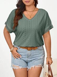 SHEIN Frenchy Plus Size Women Textured V-Neck Lace Trim T-Shirt, Casual Wear For Spring/Summer