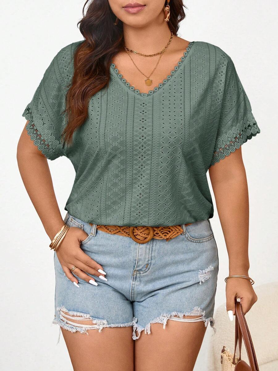 SHEIN Frenchy Plus Size Women Textured V-Neck Lace Trim T-Shirt, Casual Wear For Spring/Summer