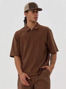 Musero Waffle Zip Polo Shirt - Burnt Orange - View 1