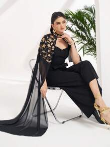 Al Najma Women's Floral Embroidery Mesh Patchwork Wide Leg Jumpsuit - Black - View 6