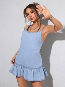 SHEIN PETITE Women's Simple Solid Color Casual Denim Cami Dress, Fashion & Everyday Wear