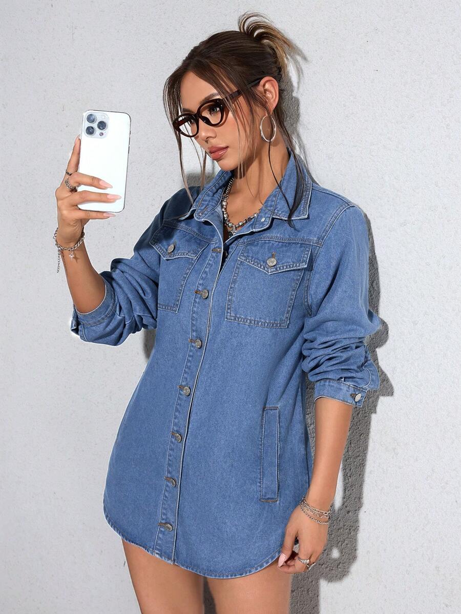 SHEIN PETITE 1 件女士牛仔休闲连衣裙，长袖，简约风格，适合日常穿着 - 藍色 - 查看 1