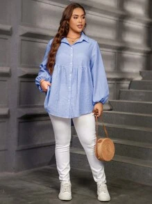 SHEIN LUNE Plus Size Women's Plaid Lantern Sleeve Single Breasted Casual Blouse Western Wear Women Festival Boho Hippie Cowgirl Old Money Bohemian Plus Size Oversized Shirts Plus Size Blouses Long Plus Size Shirt Women Shirts Plus Size Plus Size Tunic - Blue - View 6