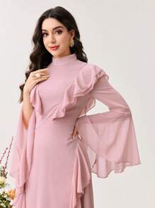 Modelyn Ruffle Flare Sleeve Long Slim Fit Women Dress - Pink - View 4
